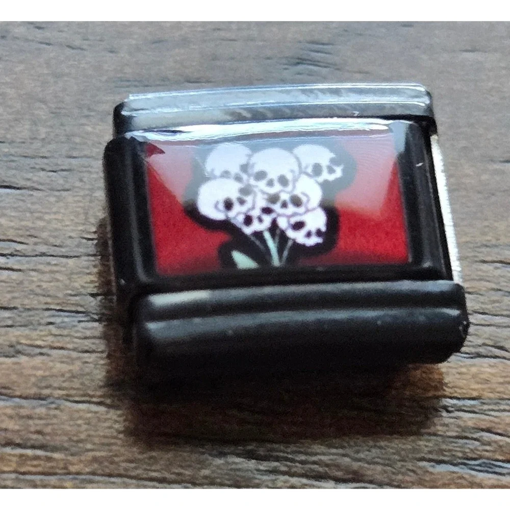 Skull Bouquet Italian Charm Link Black Stainless Steel Red Enamel 9mm Goth Emo